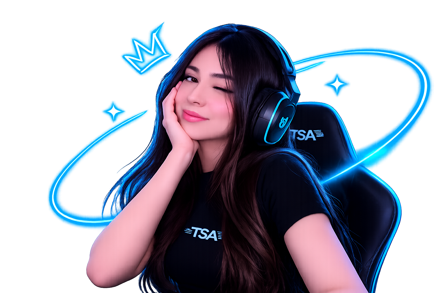 Creadora TSA con audífonos gaming y aura neón